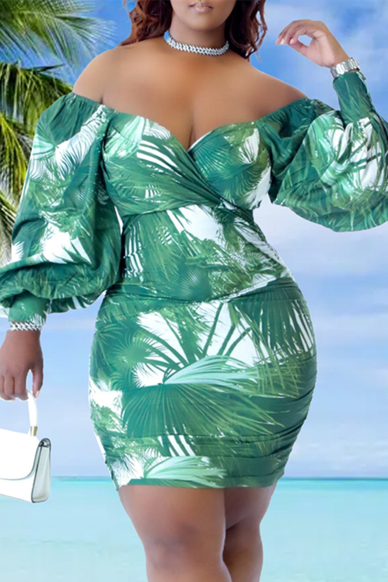 Green Sexy Casual Print Patchwork Off the Shoulder Long Sleeve Dresses ...