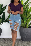 Baby Blue Casual Solid Ripped Patchwork High Waist Regular Denim Shorts