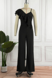 Black Casual Solid Patchwork Spaghetti Strap Boot Cut Jumpsuits