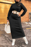 Blue Casual Solid Patchwork Turtleneck Straight Dresses(Without Belt)