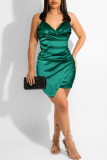 Green Sexy Solid Patchwork Asymmetrical Spaghetti Strap Sling Dress Dresses