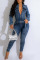 Blue Casual Solid Patchwork Zipper Turndown Collar Skinny Jumpsuits