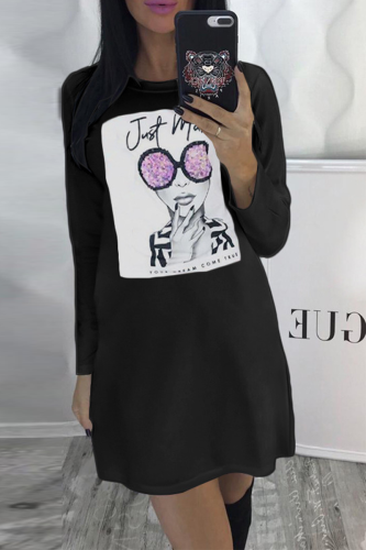 Black Casual Print Patchwork O Neck Straight Dresses