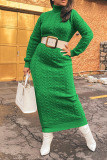 Blue Casual Solid Patchwork Turtleneck Straight Dresses(Without Belt)