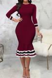 Black Casual Solid Patchwork O Neck Trumpet Mermaid Dresses