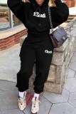 Black Casual Letter Patchwork Hooded Collar Long Sleeve Two Pieces
