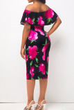 Black Sexy Print Patchwork Flounce Off the Shoulder Straight Dresses