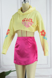 Light Yellow Casual Print Patchwork Hooded Collar Long Sleeve Two Pieces