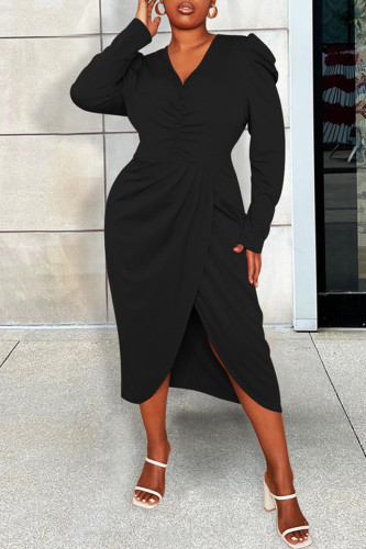 Black Casual Solid Patchwork V Neck Long Sleeve Plus Size Dresses