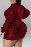 Brick Red Street Solid Sequins Patchwork Turn-back Collar Plus Size Jumpsuits