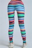 Multicolor Casual Striped Print Basic Skinny High Waist Pencil Full Print Bottoms