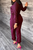 Purple Street Solid Draw String Turndown Collar Long Sleeve Two Pieces