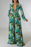 Green Casual Print Bandage Patchwork Turndown Collar Long Sleeve Two Pieces