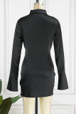 Black Sexy Casual Solid Patchwork Turndown Collar Long Sleeve Dresses