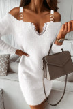 White Casual Solid Patchwork Off the Shoulder Long Sleeve Dresses