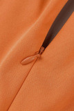 Orange Casual Solid Make Old Draw String Fold V Neck One Step Skirt Dresses