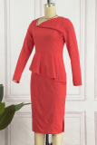 Red Casual Solid Make Old Oblique Collar Long Sleeve Dresses