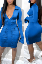 Blue Sexy Solid Fold Turndown Collar Pencil Skirt Dresses