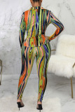 Orange Sexy Print Bandage Patchwork Buckle Turndown Collar Long Sleeve Two Pieces