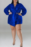 Blue Street Solid Sequins Patchwork Turn-back Collar Plus Size Jumpsuits