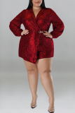 Brick Red Street Solid Sequins Patchwork Turn-back Collar Plus Size Jumpsuits