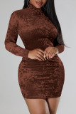 Coffee Sexy Solid Patchwork Turtleneck Pencil Skirt Dresses