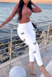 White Casual Butterfly Patchwork High Waist Skinny Denim Jeans
