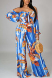 Blue Sexy Print Patchwork Off the Shoulder Straight Jumpsuits