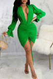 Green Sexy Solid Patchwork Draw String Fold V Neck Pencil Skirt Dresses