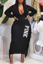 Black Sexy Character Tassel Patchwork V Neck One Step Skirt Plus Size Dresses
