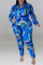 Blue Casual Print Patchwork Turndown Collar Plus Size Two Pieces