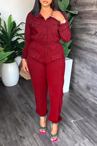 Red Street Solid Draw String Turndown Collar Long Sleeve Two Pieces