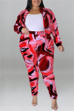 Rose Red Casual Print Patchwork Turndown Collar Plus Size Two Pieces