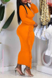 Tangerine Sexy Character Tassel Patchwork V Neck One Step Skirt Plus Size Dresses
