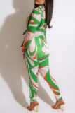 Green Casual Print Bandage Patchwork Turndown Collar Long Sleeve Two Pieces
