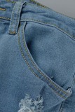 Deep Blue Casual Solid Ripped Patchwork High Waist Regular Denim Jeans