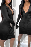 Black Sexy Solid Fold Turndown Collar Pencil Skirt Dresses