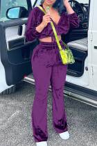 Purple Casual Solid Patchwork Zipper Hooded Collar Long Sleeve Two Pieces