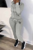 Grey Casual Letter Print Patchwork Hooded Collar Long Sleeve Two Pieces