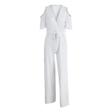 White Fashion Casual Solid Hollowed Out V Neck Regular Jumpsuits
