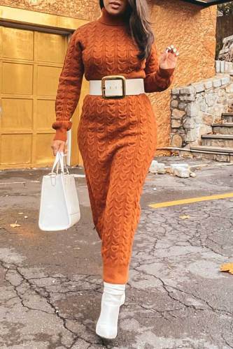 Light Brown Casual Solid Patchwork Turtleneck Straight Dresses(Without Belt)