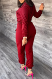 Red Street Solid Draw String Turndown Collar Long Sleeve Two Pieces
