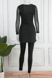Black Sexy Solid Patchwork Zipper Square Collar Long Sleeve Two Pieces