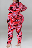 Rose Red Casual Print Patchwork Turndown Collar Plus Size Two Pieces