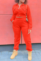 Tangerine Red Casual Solid Patchwork Buckle Turndown Collar Long Sleeve Two Pieces
