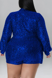 Blue Street Solid Sequins Patchwork Turn-back Collar Plus Size Jumpsuits