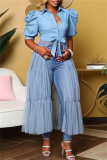 Blue Casual Solid Patchwork Turndown Collar Long Dress