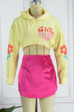 Light Yellow Casual Print Patchwork Hooded Collar Long Sleeve Two Pieces