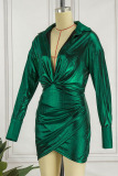 Green Sexy Solid Patchwork Asymmetrical Turndown Collar Pencil Skirt Dresses
