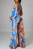 Blue Sexy Print Patchwork Off the Shoulder Straight Jumpsuits